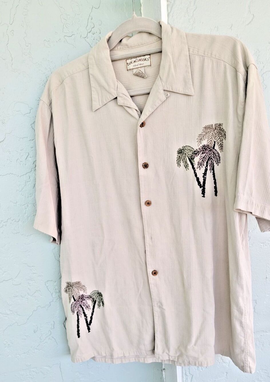 Men's Vtg BOCA CLASSICS ISLAND WEAR Silk Hawaiian Camp Shirt Palm Leaf L